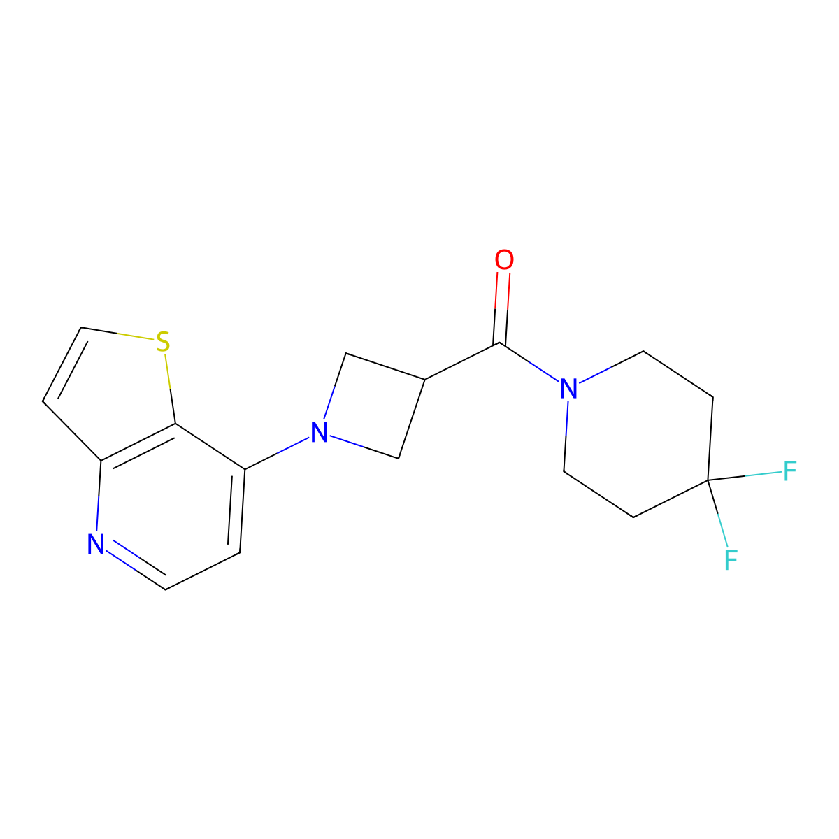 4,4-Difluoro-1-(1-{thieno[3,2-b]pyridin-7-yl}azetidine-3-carbonyl)piperidine molecular structure, CAS 3054414-27-3