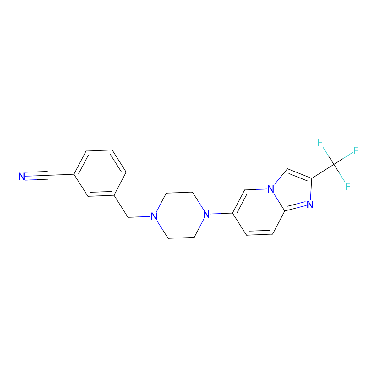 3-({4-[2-(Trifluoromethyl)imidazo[1,2-a]pyridin-6-yl]piperazin-1-yl}methyl)benzonitrile molecular structure, CAS 3054414-31-9