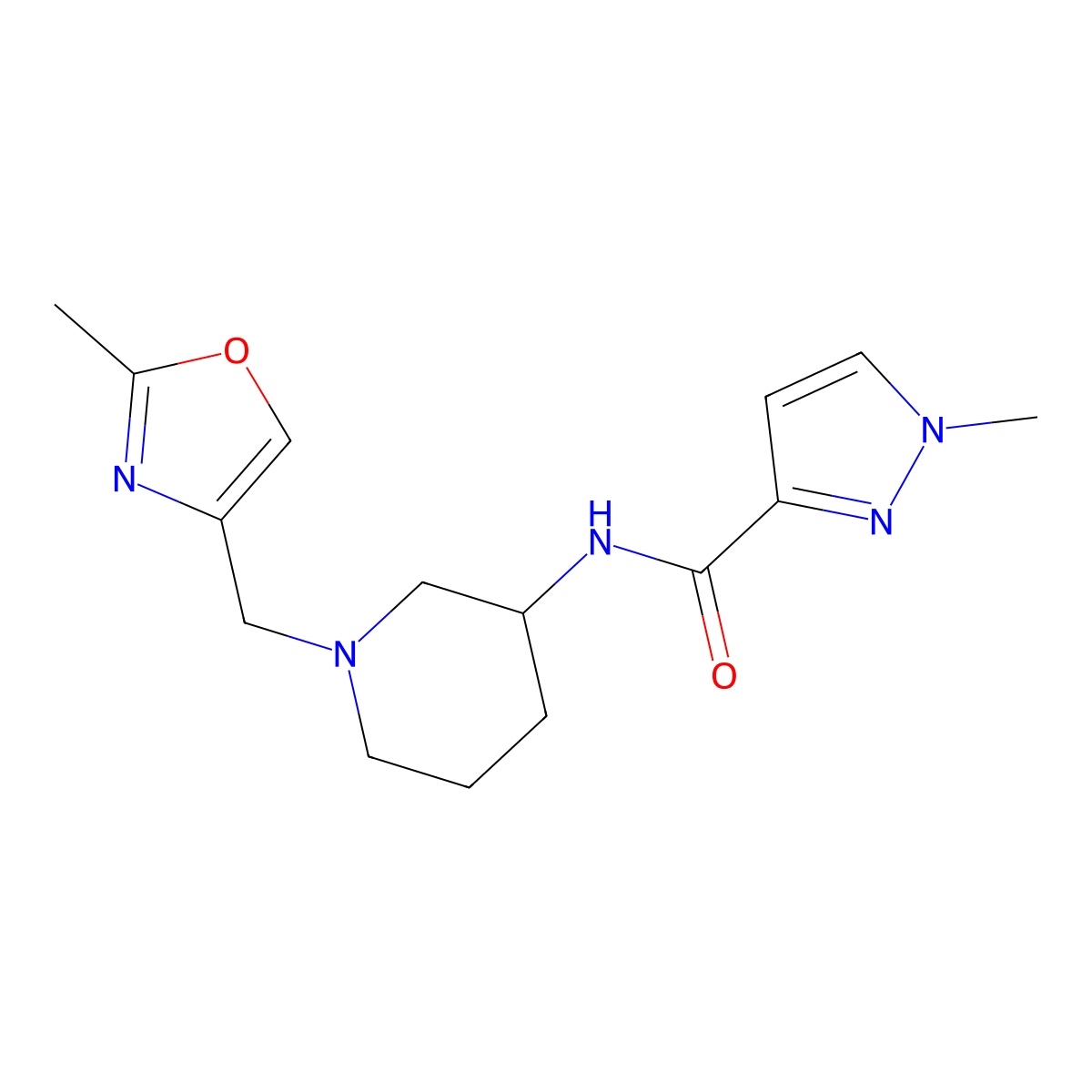 1-methyl-N-{1-[(2-methyl-1,3-oxazol-4-yl)methyl]piperidin-3-yl}-1H-pyrazole-3-carboxamide molecular structure, CAS 3054414-37-5