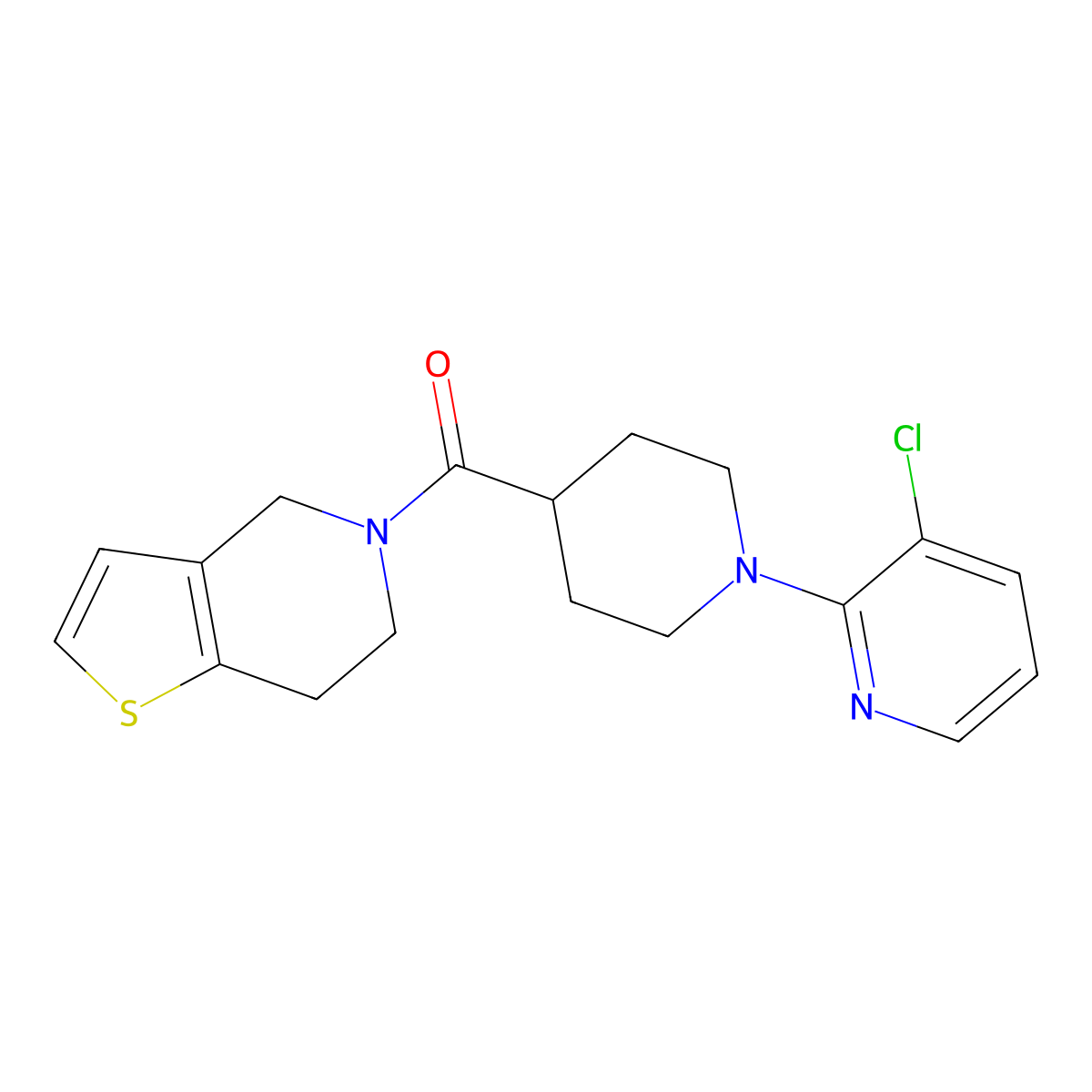 3-chloro-2-(4-{4H,5H,6H,7H-thieno[3,2-c]pyridine-5-carbonyl}piperidin-1-yl)pyridine molecular structure, CAS 3054414-41-1