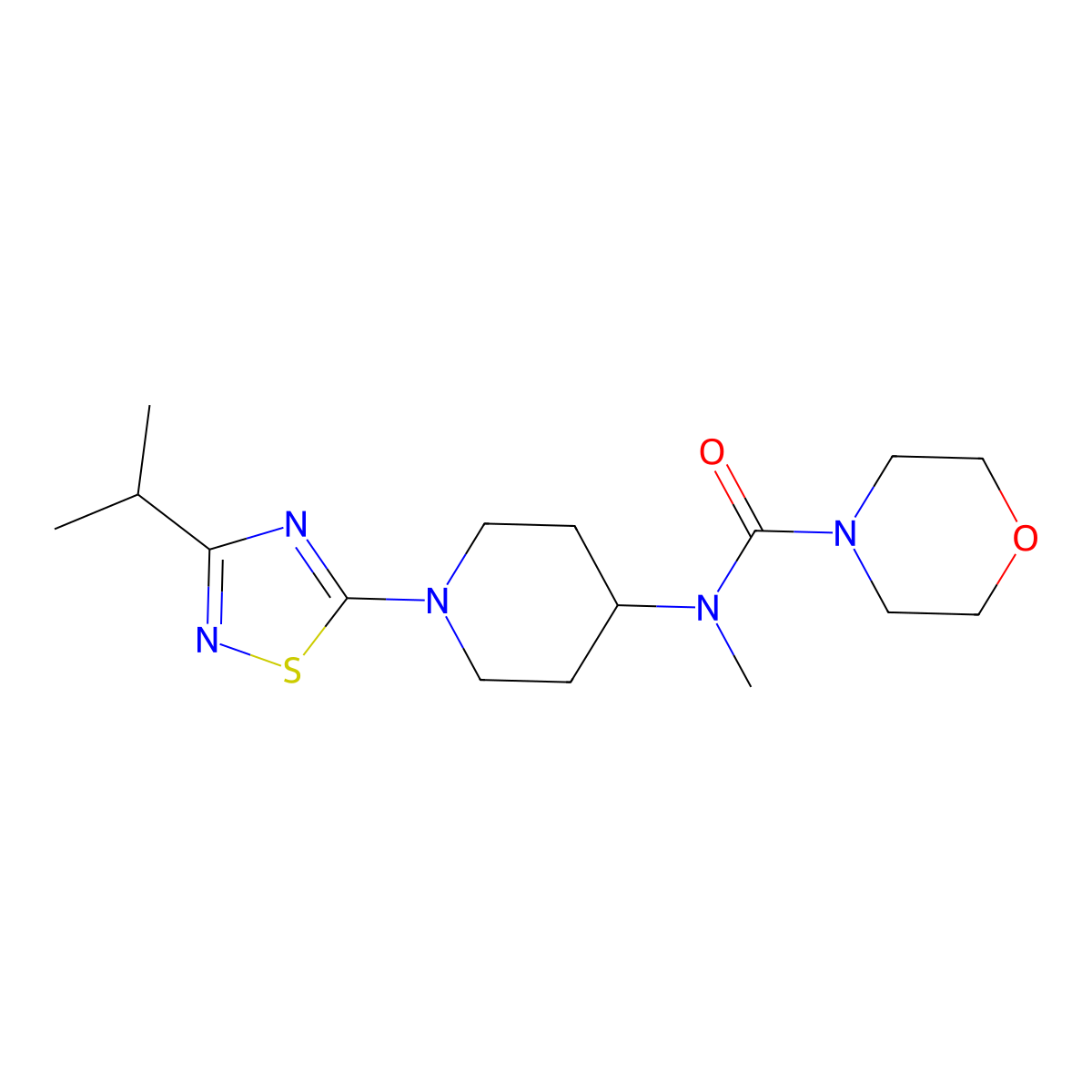 N-methyl-N-{1-[3-(propan-2-yl)-1,2,4-thiadiazol-5-yl]piperidin-4-yl}morpholine-4-carboxamide molecular structure, CAS 3054414-43-3