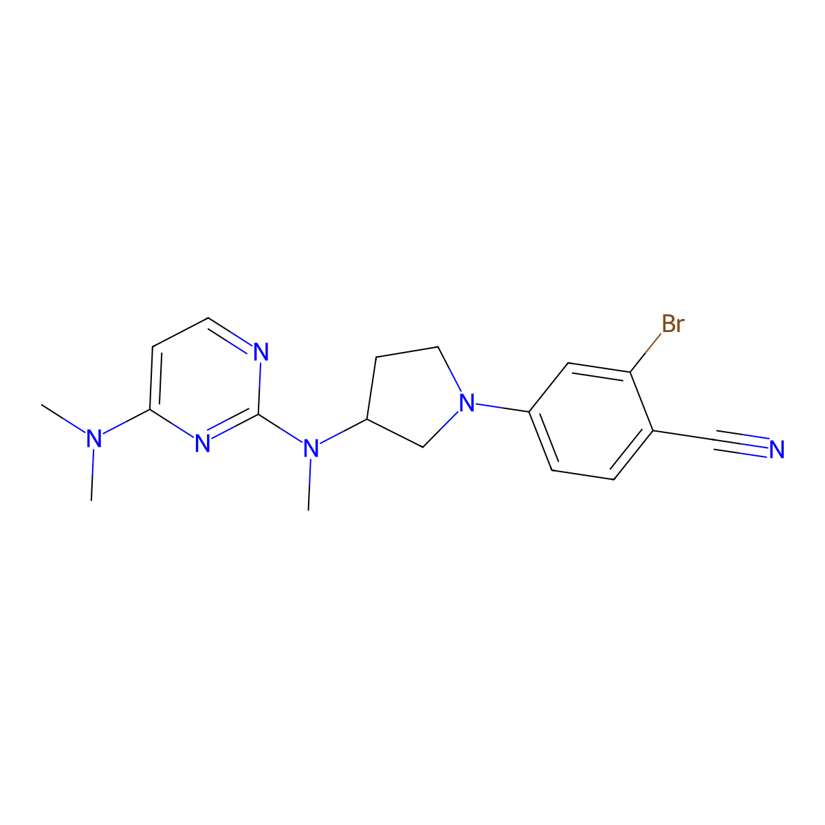 2-Bromo-4-(3-{[4-(dimethylamino)pyrimidin-2-yl](methyl)amino}pyrrolidin-1-yl)benzonitrile molecular structure, CAS 3054414-44-4