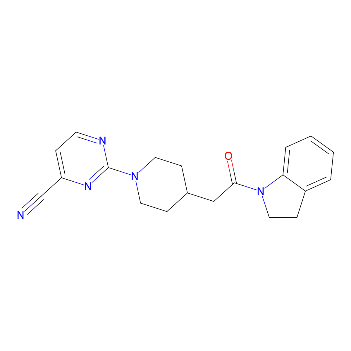2-{4-[2-(2,3-dihydro-1H-indol-1-yl)-2-oxoethyl]piperidin-1-yl}pyrimidine-4-carbonitrile molecular structure, CAS 3054414-53-5
