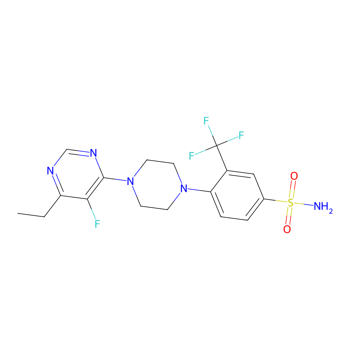 4-[4-(6-Ethyl-5-fluoropyrimidin-4-yl)piperazin-1-yl]-3-(trifluoromethyl)benzene-1-sulfonamide molecular structure, CAS 3054414-54-6