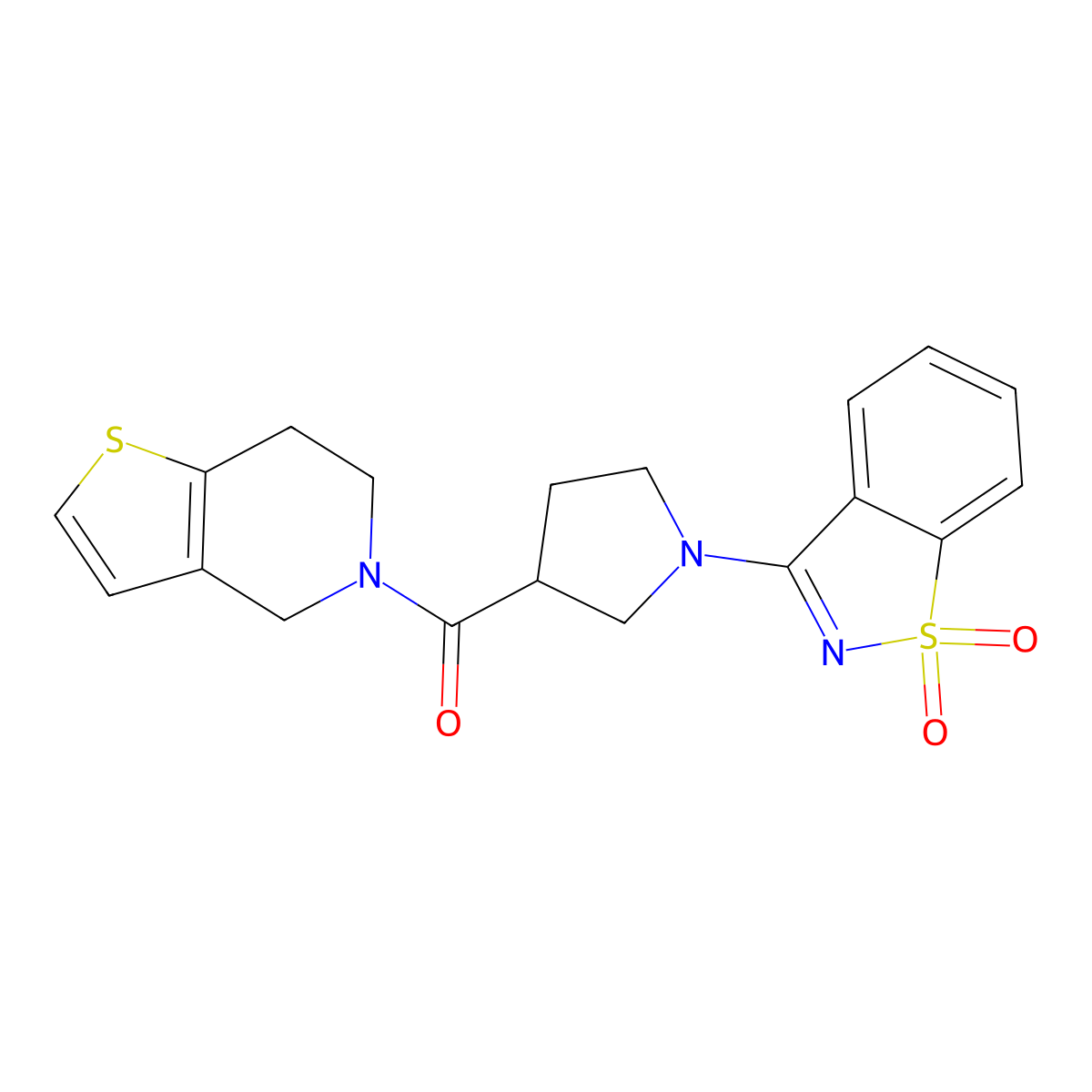 3-(3-{4H,5H,6H,7H-thieno[3,2-c]pyridine-5-carbonyl}pyrrolidin-1-yl)-1lambda,2-benzothiazole-1,1-dione molecular structure, CAS 3054414-61-5