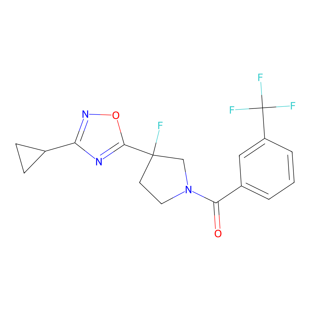 3-Cyclopropyl-5-{3-fluoro-1-[3-(trifluoromethyl)benzoyl]pyrrolidin-3-yl}-1,2,4-oxadiazole molecular structure, CAS 3054414-63-7