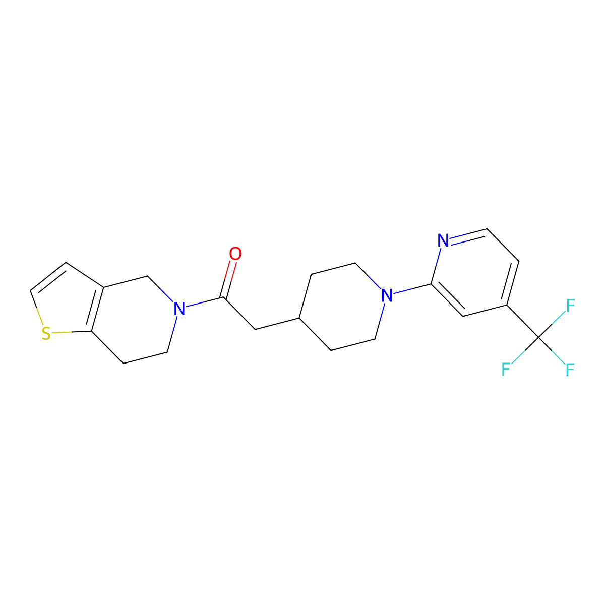 1-{4H,5H,6H,7H-thieno[3,2-c]pyridin-5-yl}-2-{1-[4-(trifluoromethyl)pyridin-2-yl]piperidin-4-yl}ethan-1-one molecular structure, CAS 3054415-24-3