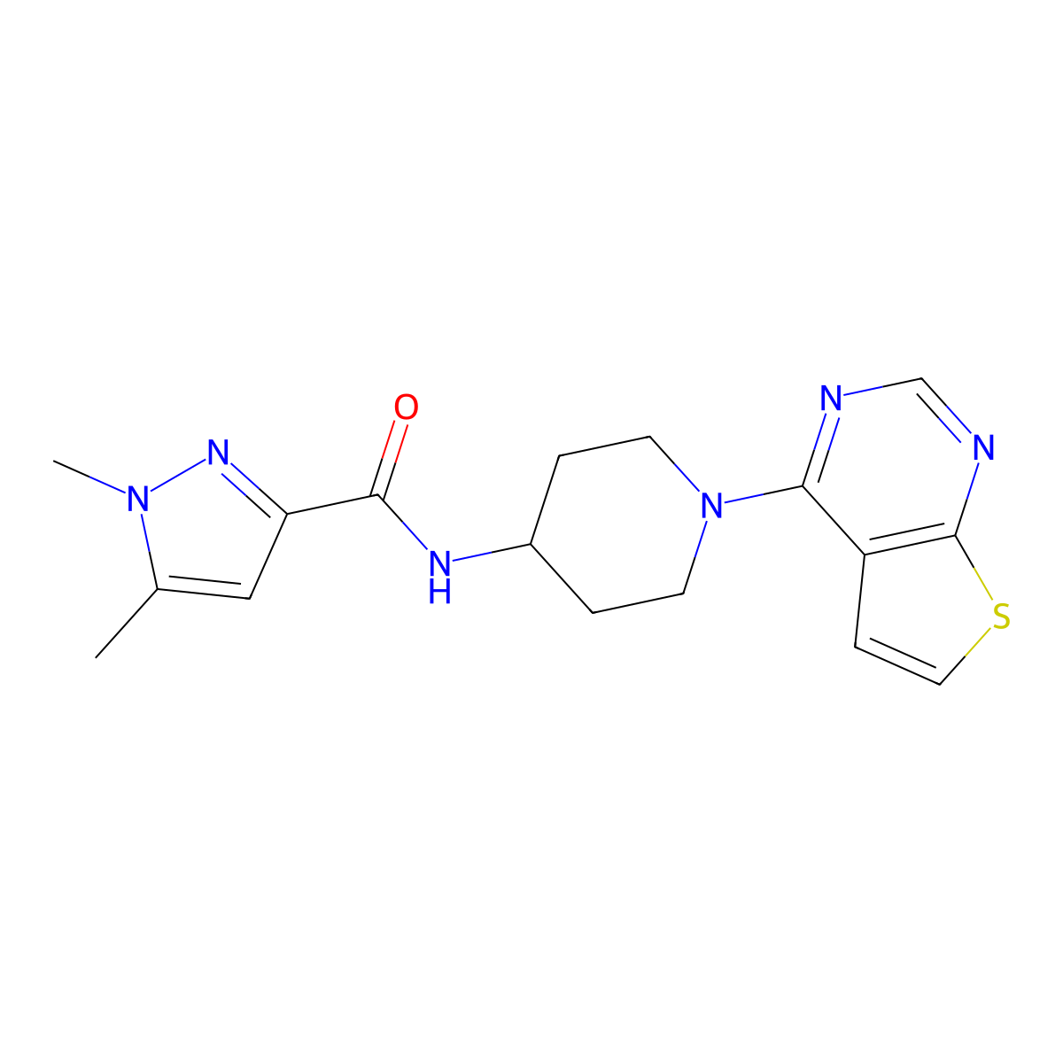 1,5-dimethyl-N-(1-{thieno[2,3-d]pyrimidin-4-yl}piperidin-4-yl)-1H-pyrazole-3-carboxamide molecular structure, CAS 3054415-36-7
