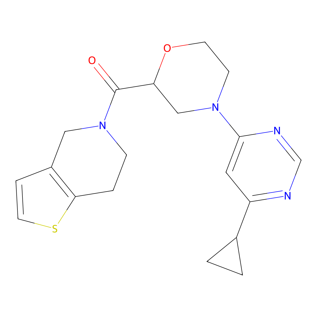 4-(6-cyclopropylpyrimidin-4-yl)-2-{4H,5H,6H,7H-thieno[3,2-c]pyridine-5-carbonyl}morpholine molecular structure, CAS 3054415-37-8