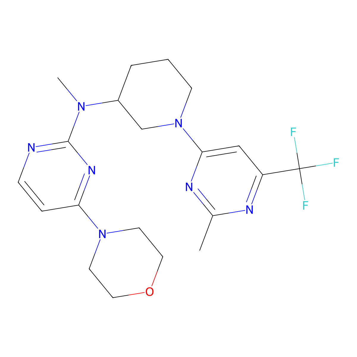 N-methyl-N-[1-[2-methyl-6-(trifluoromethyl)pyrimidin-4-yl]piperidin-3-yl]-4-morpholin-4-ylpyrimidin-2-amine molecular structure, CAS 3054415-41-4