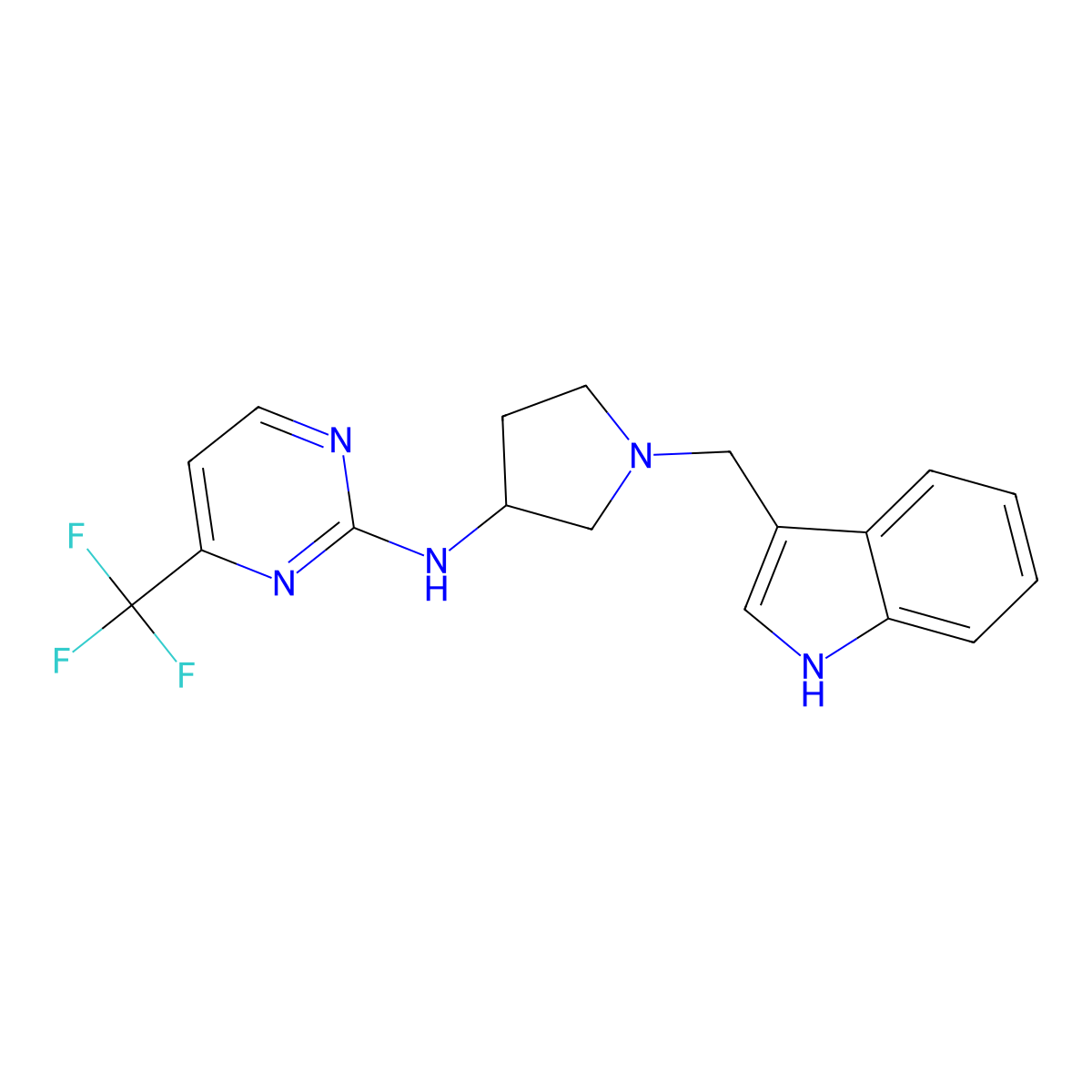 N-{1-[(1H-indol-3-yl)methyl]pyrrolidin-3-yl}-4-(trifluoromethyl)pyrimidin-2-amine molecular structure, CAS 3054415-46-9
