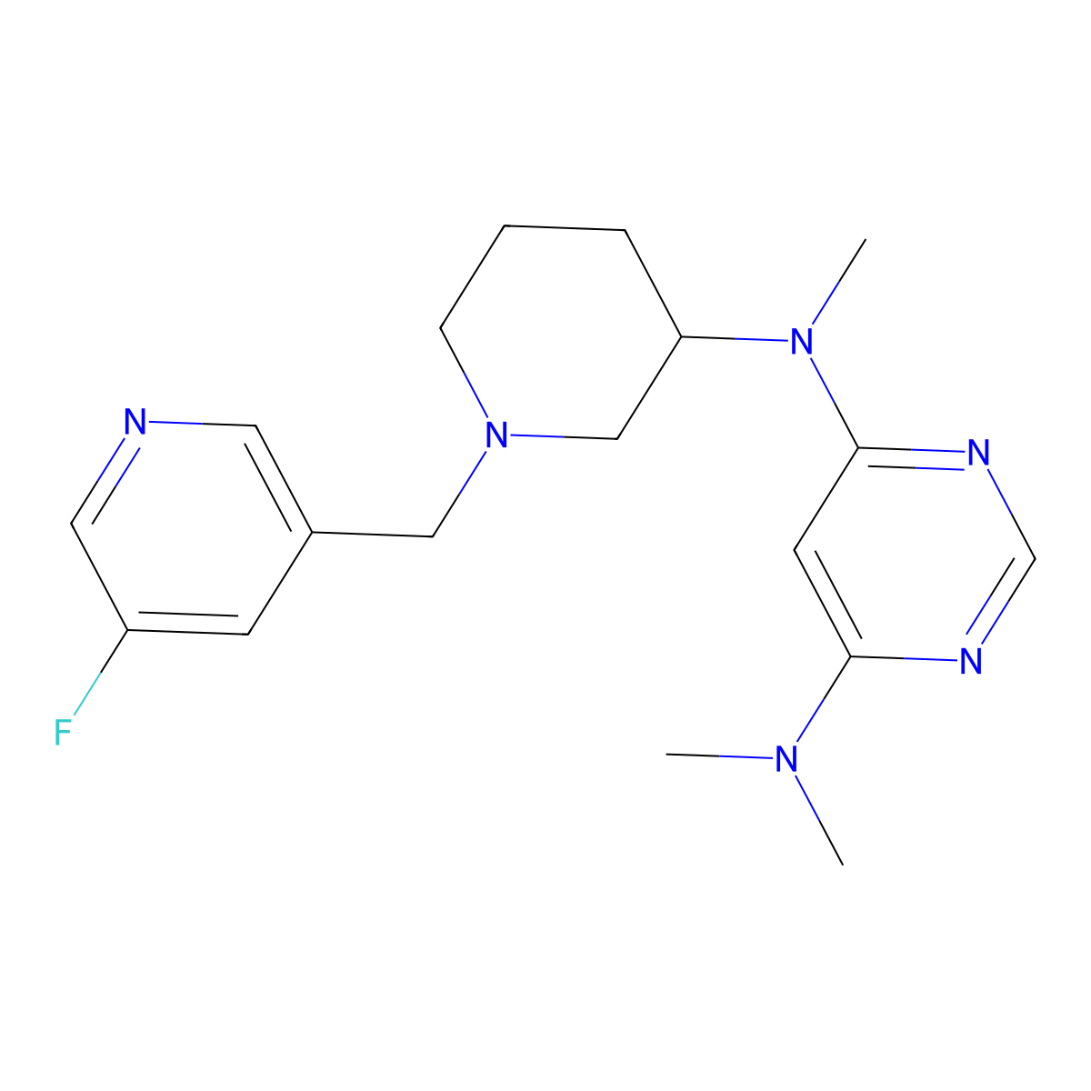 4-N-[1-[(5-fluoropyridin-3-yl)methyl]piperidin-3-yl]-4-N,6-N,6-N-trimethylpyrimidine-4,6-diamine molecular structure, CAS 3054415-50-5