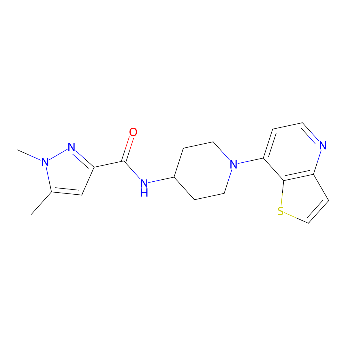 1,5-dimethyl-N-(1-{thieno[3,2-b]pyridin-7-yl}piperidin-4-yl)-1H-pyrazole-3-carboxamide molecular structure, CAS 3054415-62-9