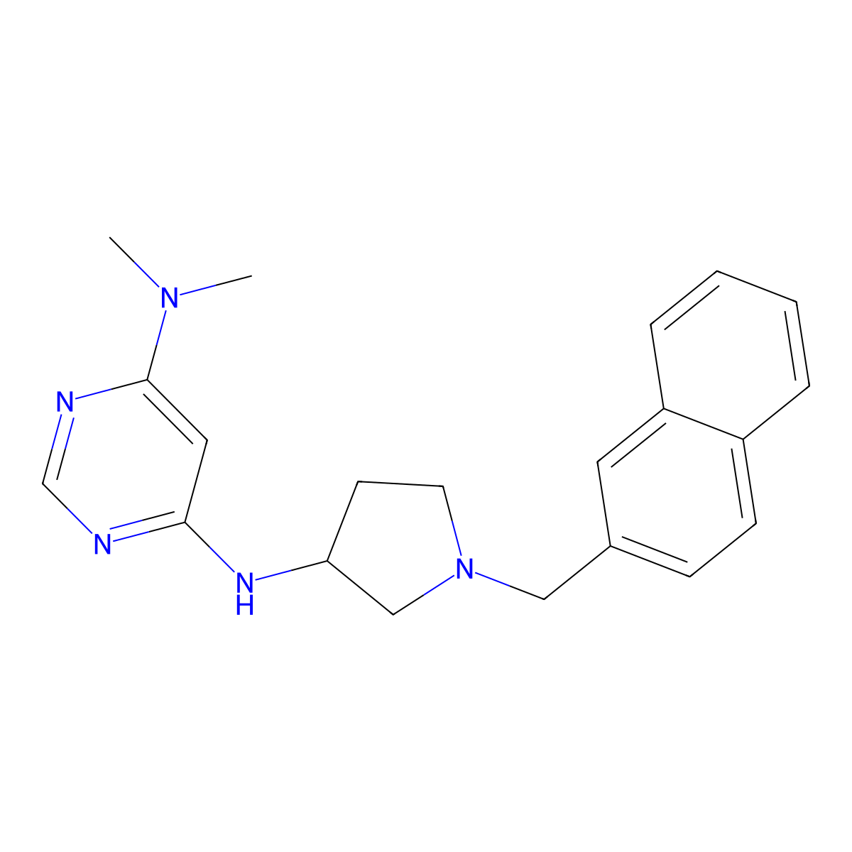 N4,N4-dimethyl-N6-{1-[(naphthalen-2-yl)methyl]pyrrolidin-3-yl}pyrimidine-4,6-diamine molecular structure, CAS 3054415-71-0
