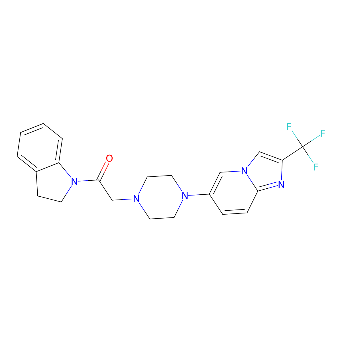 1-(2,3-dihydro-1H-indol-1-yl)-2-{4-[2-(trifluoromethyl)imidazo[1,2-a]pyridin-6-yl]piperazin-1-yl}ethan-1-one molecular structure, CAS 3054415-80-1