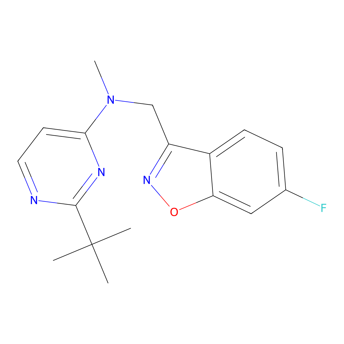 2-tert-butyl-N-[(6-fluoro-1,2-benzoxazol-3-yl)methyl]-N-methylpyrimidin-4-amine molecular structure, CAS 3054415-81-2