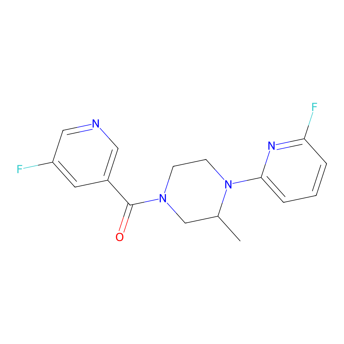 1-(6-Fluoropyridin-2-yl)-4-(5-fluoropyridine-3-carbonyl)-2-methylpiperazine molecular structure, CAS 3054415-82-3