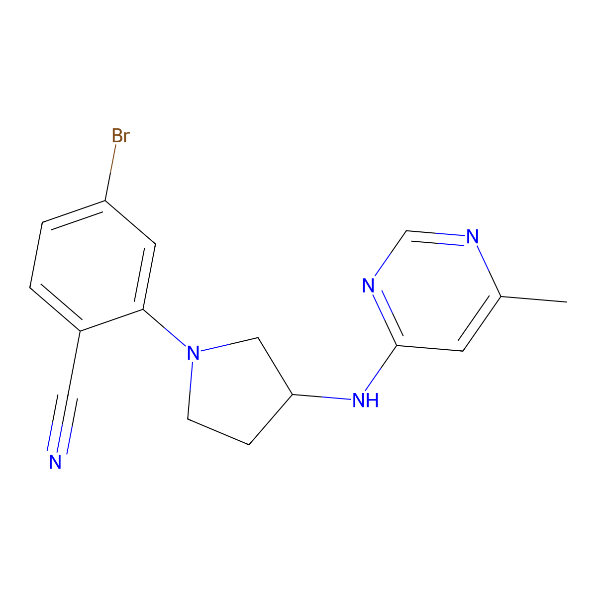4-Bromo-2-{3-[(6-methylpyrimidin-4-yl)amino]pyrrolidin-1-yl}benzonitrile molecular structure, CAS 3054415-83-4