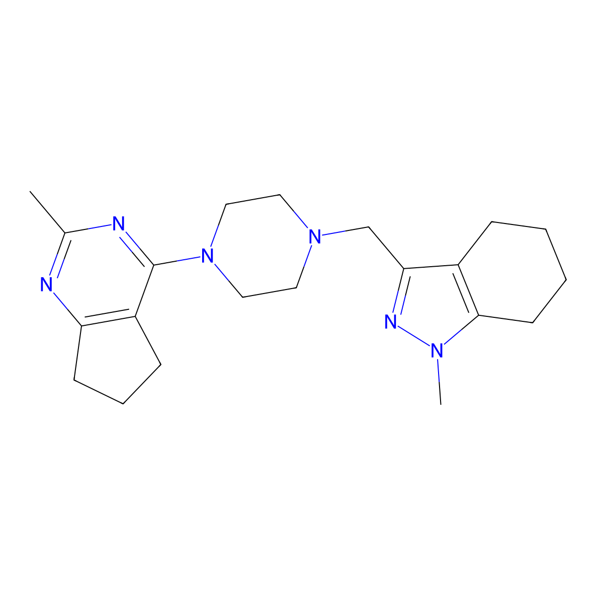 1-methyl-3-[(4-{2-methyl-5H,6H,7H-cyclopenta[d]pyrimidin-4-yl}piperazin-1-yl)methyl]-4,5,6,7-tetrahydro-1H-indazole molecular structure, CAS 3054415-96-9