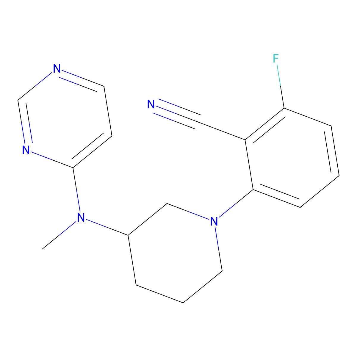 2-Fluoro-6-{3-[methyl(pyrimidin-4-yl)amino]piperidin-1-yl}benzonitrile molecular structure, CAS 3054415-99-2
