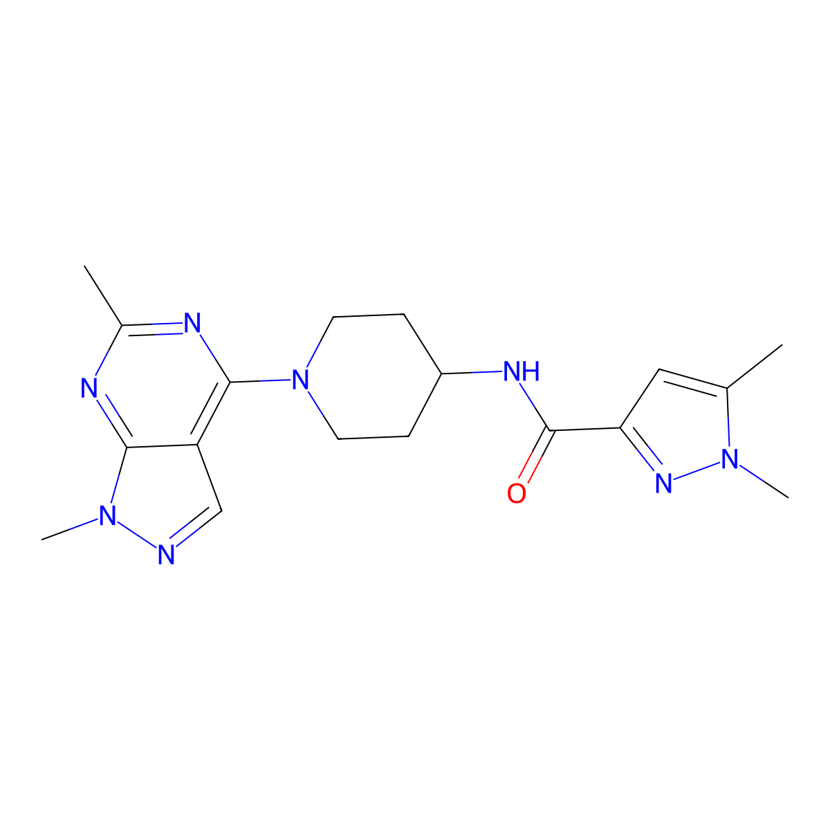 N-(1-{1,6-dimethyl-1H-pyrazolo[3,4-d]pyrimidin-4-yl}piperidin-4-yl)-1,5-dimethyl-1H-pyrazole-3-carboxamide molecular structure, CAS 3054416-04-2