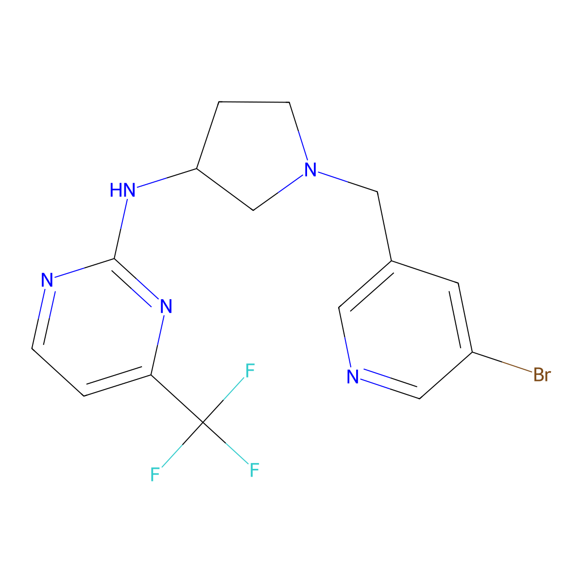 N-{1-[(5-bromopyridin-3-yl)methyl]pyrrolidin-3-yl}-4-(trifluoromethyl)pyrimidin-2-amine molecular structure, CAS 3054416-05-3