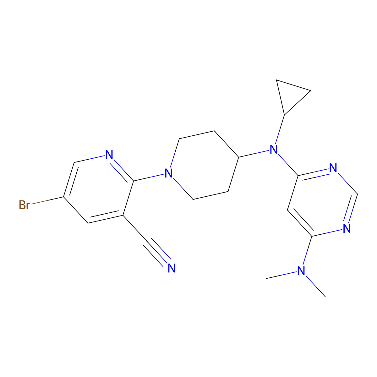 5-Bromo-2-(4-{cyclopropyl[6-(dimethylamino)pyrimidin-4-yl]amino}piperidin-1-yl)pyridine-3-carbonitrile molecular structure, CAS 3054416-09-7