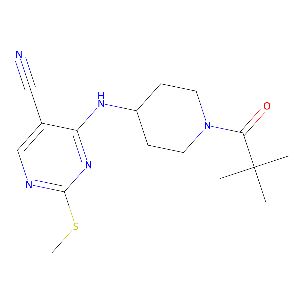 4-{[1-(2,2-Dimethylpropanoyl)piperidin-4-yl]amino}-2-(methylsulfanyl)pyrimidine-5-carbonitrile molecular structure, CAS 3054416-15-5