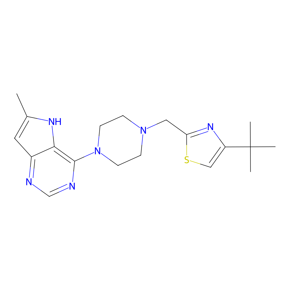 1-[(4-tert-butyl-1,3-thiazol-2-yl)methyl]-4-{6-methyl-5H-pyrrolo[3,2-d]pyrimidin-4-yl}piperazine molecular structure, CAS 3054416-16-6