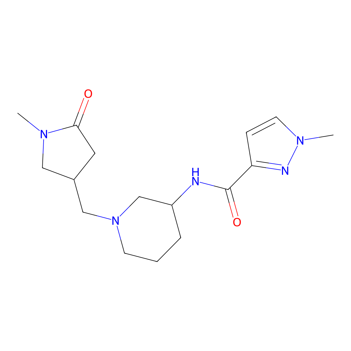 1-methyl-N-{1-[(1-methyl-5-oxopyrrolidin-3-yl)methyl]piperidin-3-yl}-1H-pyrazole-3-carboxamide molecular structure, CAS 3054416-17-7
