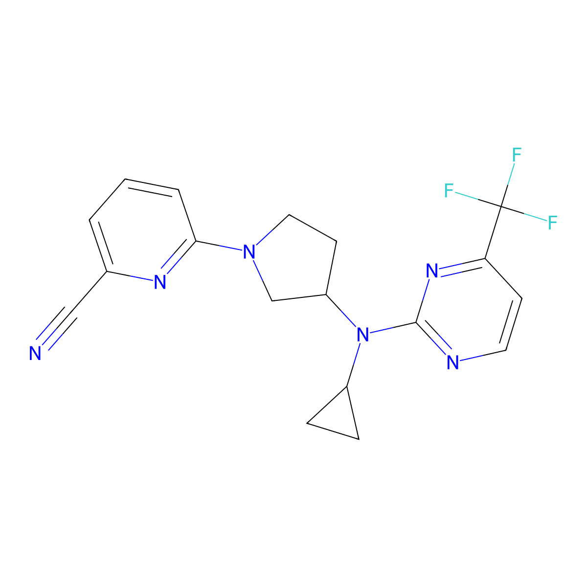 6-(3-{Cyclopropyl[4-(trifluoromethyl)pyrimidin-2-yl]amino}pyrrolidin-1-yl)pyridine-2-carbonitrile molecular structure, CAS 3054416-27-9