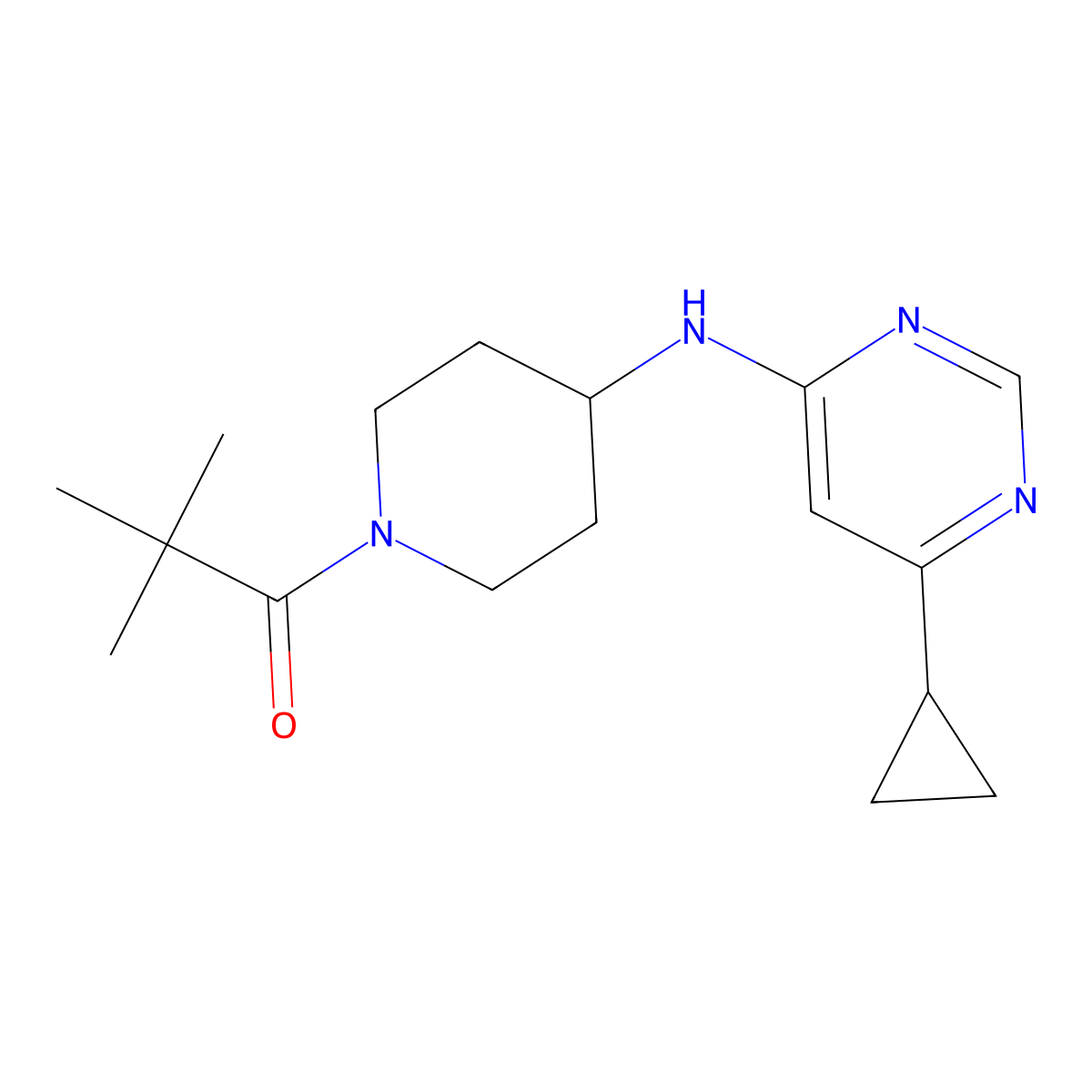 1-{4-[(6-Cyclopropylpyrimidin-4-yl)amino]piperidin-1-yl}-2,2-dimethylpropan-1-one molecular structure, CAS 3054416-36-0