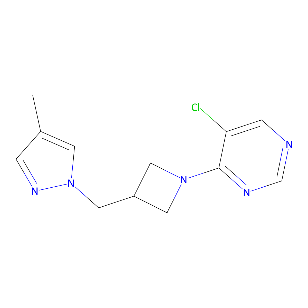 5-chloro-4-{3-[(4-methyl-1H-pyrazol-1-yl)methyl]azetidin-1-yl}pyrimidine molecular structure, CAS 3054416-40-6