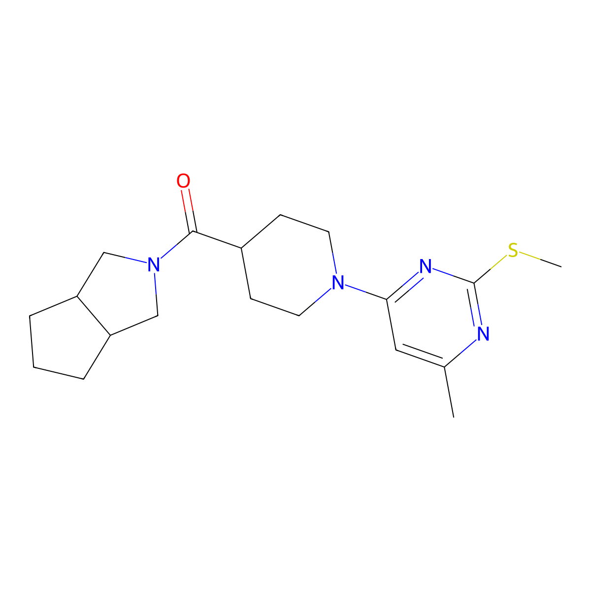 4-Methyl-2-(methylsulfanyl)-6-(4-{octahydrocyclopenta[c]pyrrole-2-carbonyl}piperidin-1-yl)pyrimidine molecular structure, CAS 3054416-42-8