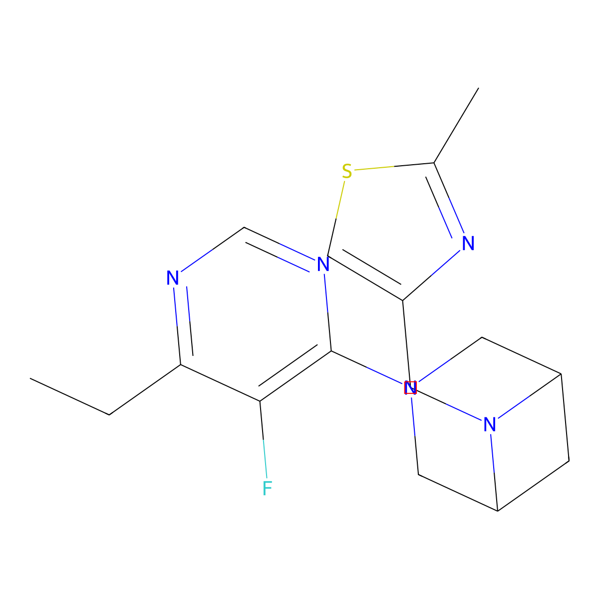 3-(6-Ethyl-5-fluoropyrimidin-4-yl)-6-[(2-methyl-1,3-thiazol-4-yl)methyl]-3,6-diazabicyclo[3.1.1]heptane molecular structure, CAS 3054416-50-8