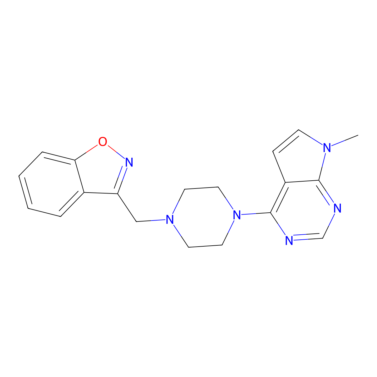 3-[(4-{7-methyl-7H-pyrrolo[2,3-d]pyrimidin-4-yl}piperazin-1-yl)methyl]-1,2-benzoxazole molecular structure, CAS 3054416-52-0