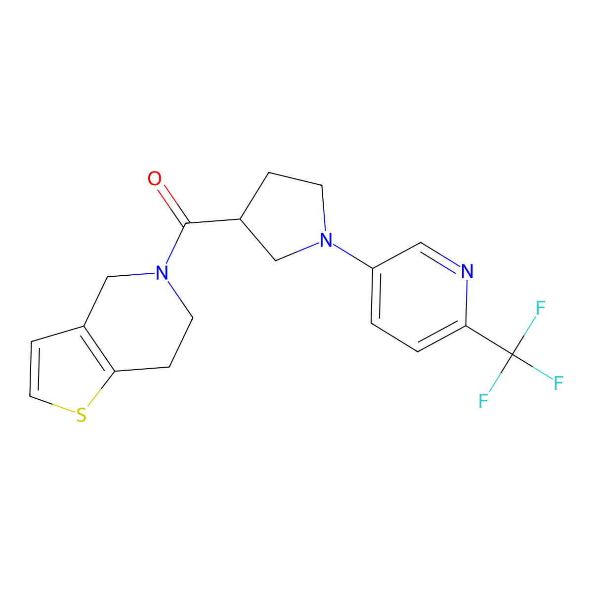 5-(3-{4H,5H,6H,7H-thieno[3,2-c]pyridine-5-carbonyl}pyrrolidin-1-yl)-2-(trifluoromethyl)pyridine molecular structure, CAS 3054416-55-3