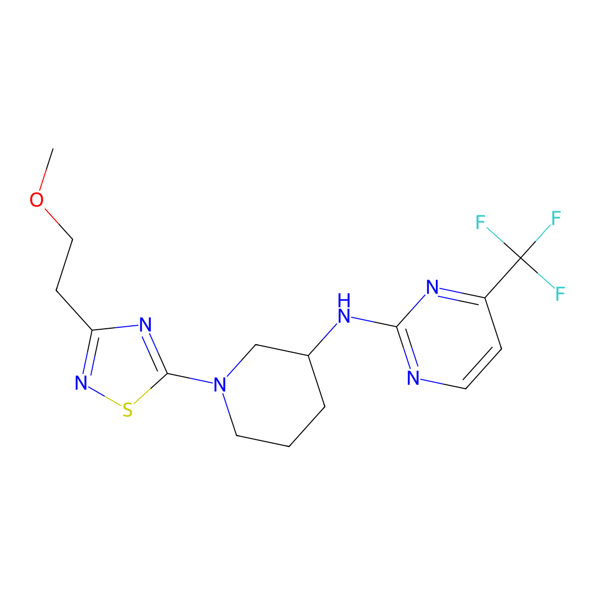 N-{1-[3-(2-methoxyethyl)-1,2,4-thiadiazol-5-yl]piperidin-3-yl}-4-(trifluoromethyl)pyrimidin-2-amine molecular structure, CAS 3054416-57-5