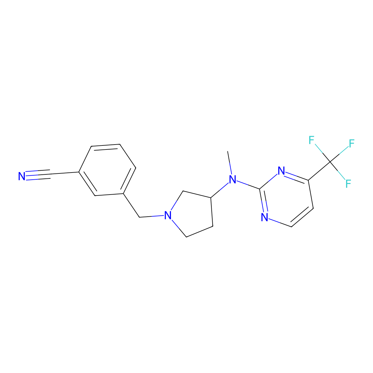 3-[(3-{Methyl[4-(trifluoromethyl)pyrimidin-2-yl]amino}pyrrolidin-1-yl)methyl]benzonitrile molecular structure, CAS 3054416-61-1