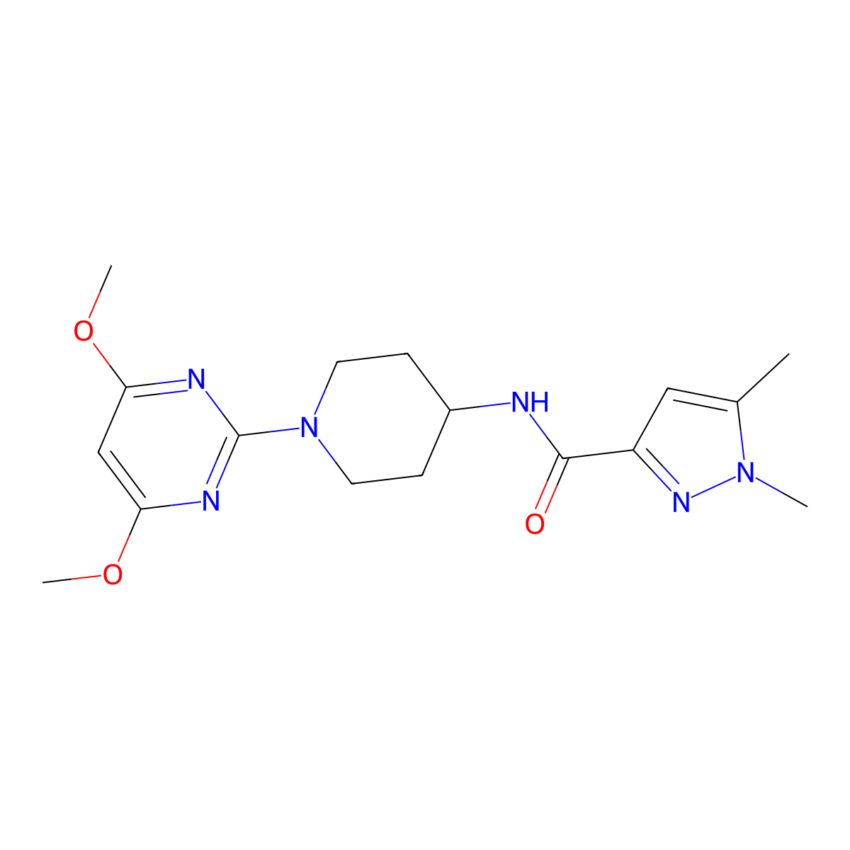 N-[1-(4,6-dimethoxypyrimidin-2-yl)piperidin-4-yl]-1,5-dimethyl-1H-pyrazole-3-carboxamide molecular structure, CAS 3054416-62-2