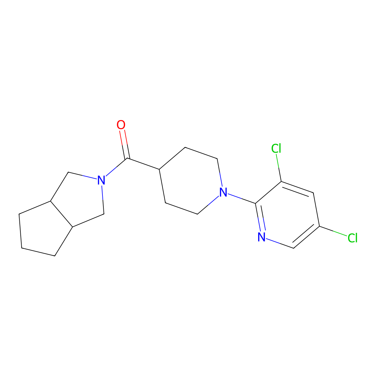 3,5-Dichloro-2-(4-{octahydrocyclopenta[c]pyrrole-2-carbonyl}piperidin-1-yl)pyridine molecular structure, CAS 3054416-63-3