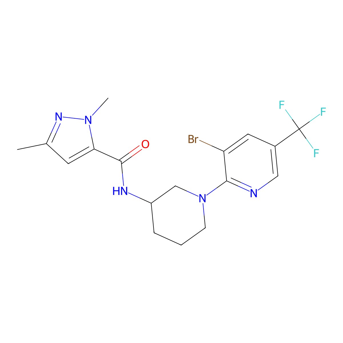 N-{1-[3-bromo-5-(trifluoromethyl)pyridin-2-yl]piperidin-3-yl}-1,3-dimethyl-1H-pyrazole-5-carboxamide molecular structure, CAS 3054416-64-4