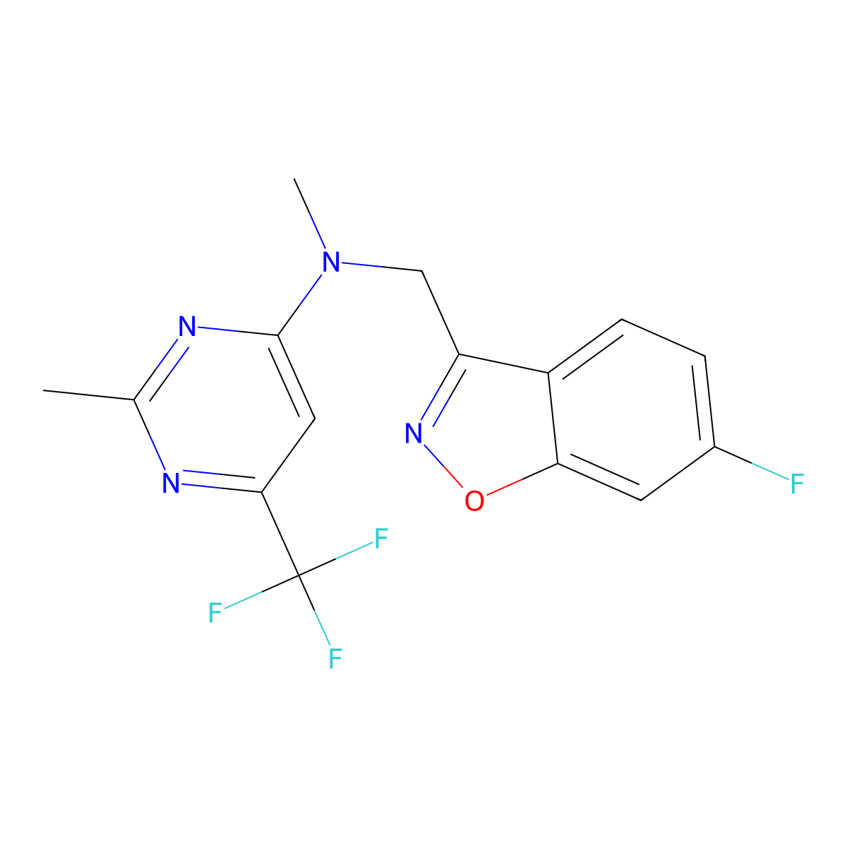 N-[(6-fluoro-1,2-benzoxazol-3-yl)methyl]-N,2-dimethyl-6-(trifluoromethyl)pyrimidin-4-amine molecular structure, CAS 3054416-65-5