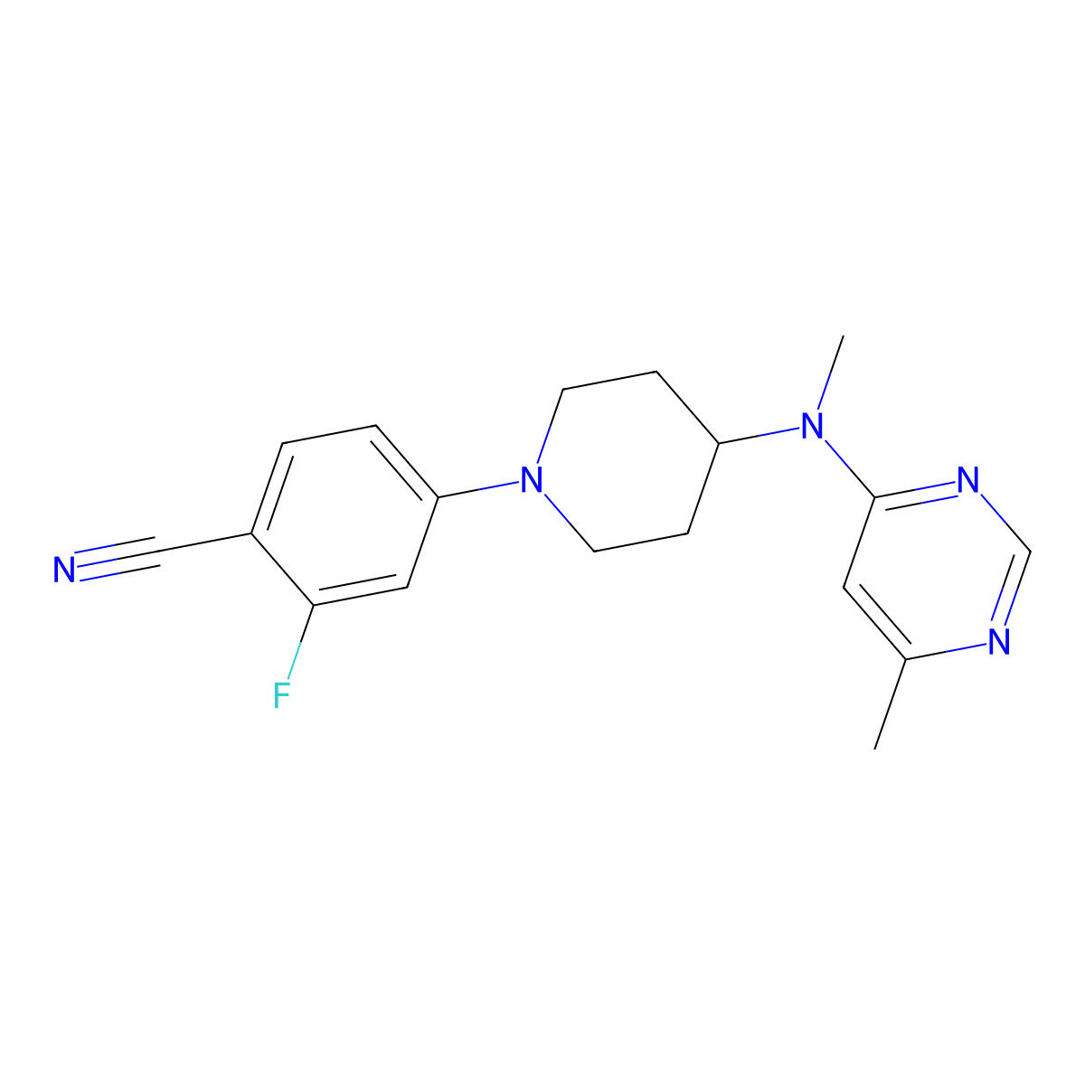 2-Fluoro-4-{4-[methyl(6-methylpyrimidin-4-yl)amino]piperidin-1-yl}benzonitrile molecular structure, CAS 3054416-70-2