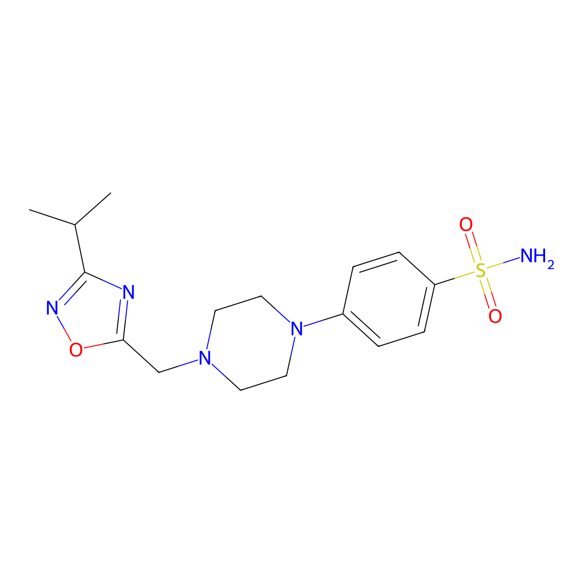 4-(4-{[3-(Propan-2-yl)-1,2,4-oxadiazol-5-yl]methyl}piperazin-1-yl)benzene-1-sulfonamide molecular structure, CAS 3054416-84-8