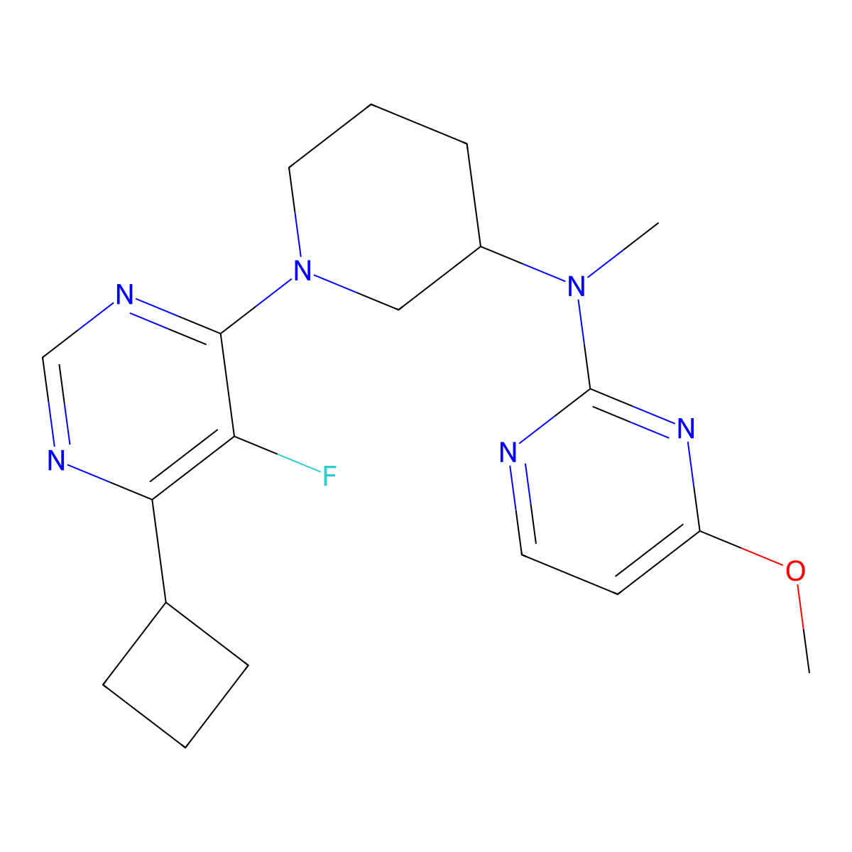 N-[1-(6-cyclobutyl-5-fluoropyrimidin-4-yl)piperidin-3-yl]-4-methoxy-N-methylpyrimidin-2-amine molecular structure, CAS 3054416-90-6