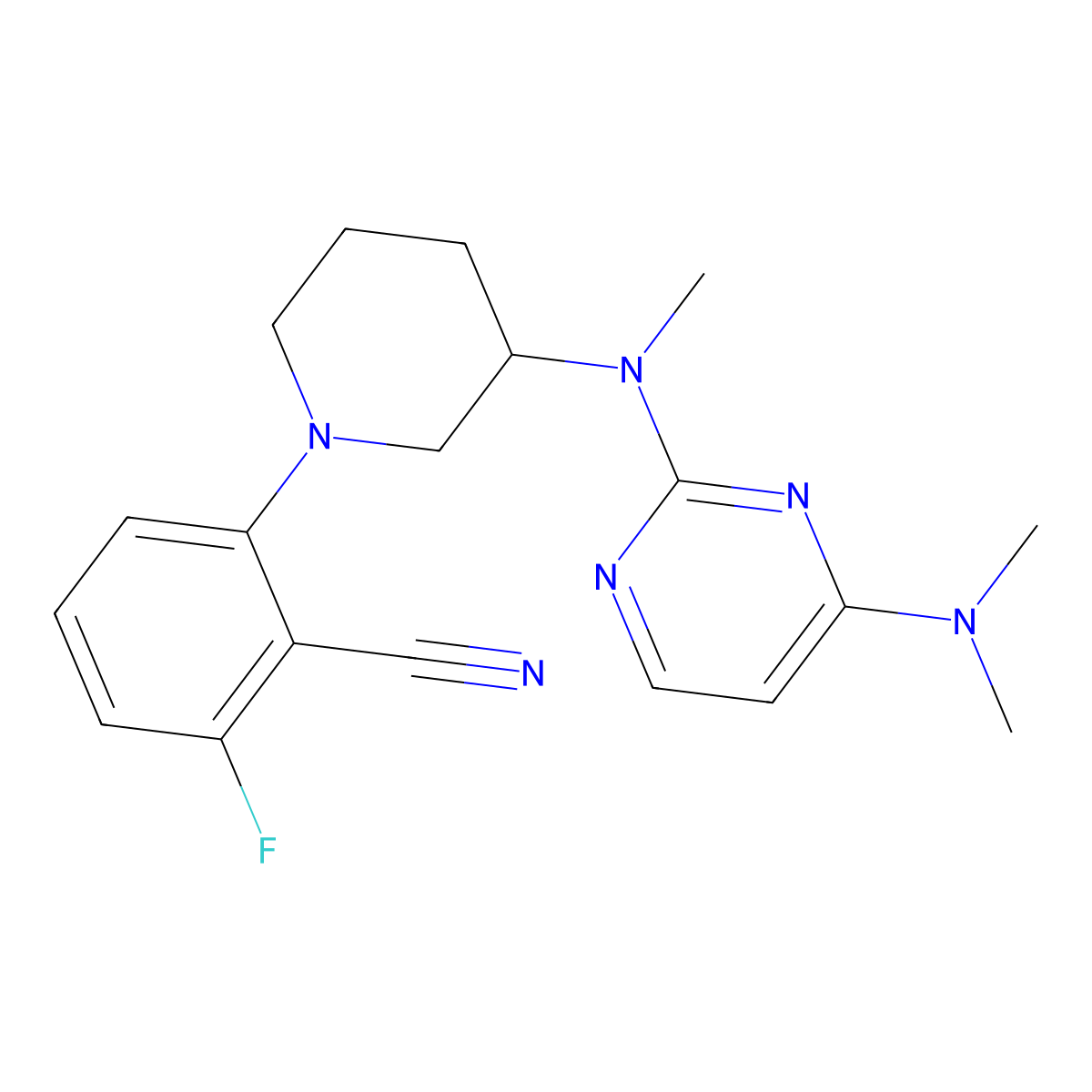 2-[3-[[4-(Dimethylamino)pyrimidin-2-yl]-methylamino]piperidin-1-yl]-6-fluorobenzonitrile molecular structure, CAS 3054417-01-2