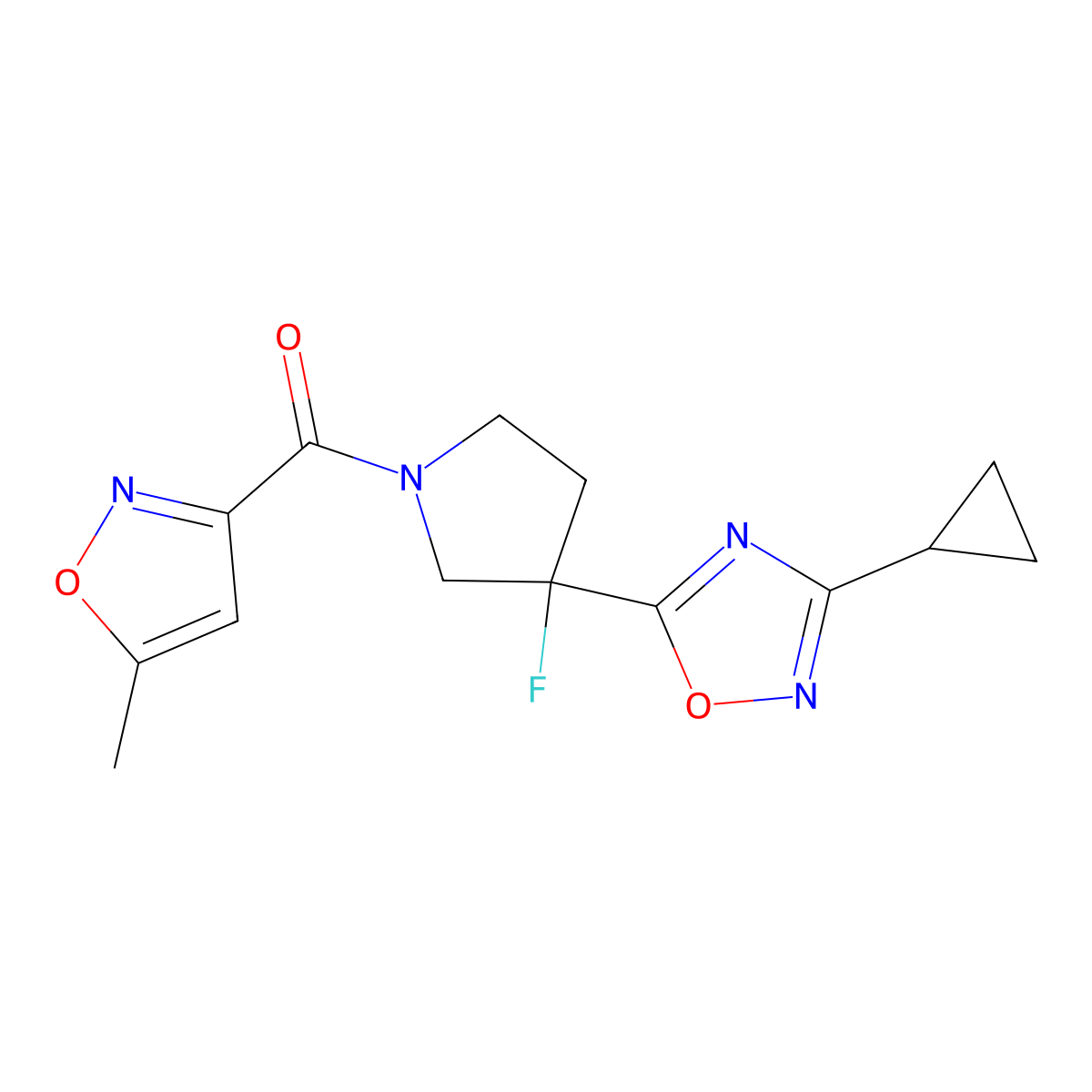 3-Cyclopropyl-5-[3-fluoro-1-(5-methyl-1,2-oxazole-3-carbonyl)pyrrolidin-3-yl]-1,2,4-oxadiazole molecular structure, CAS 3054417-14-7