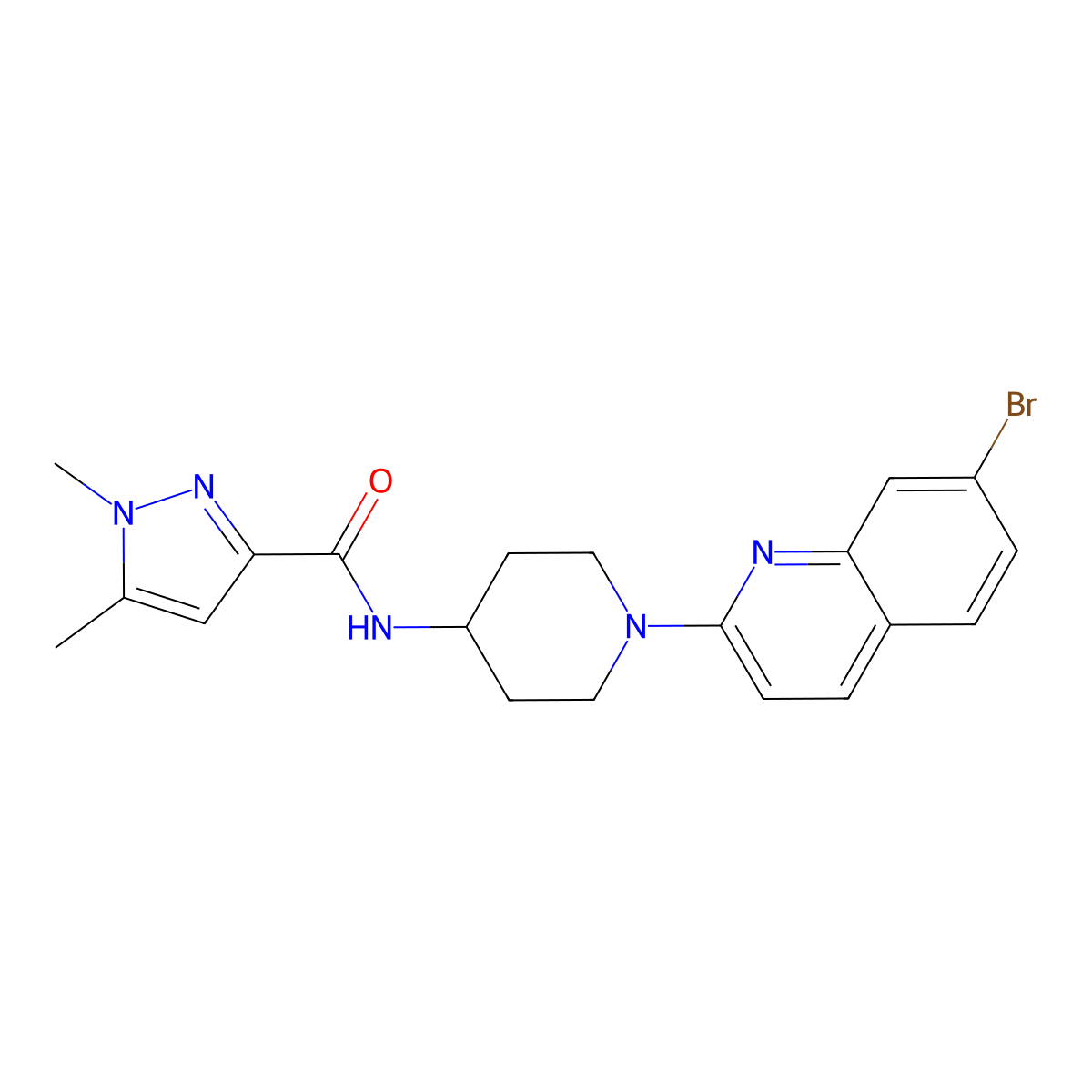 N-[1-(7-bromoquinolin-2-yl)piperidin-4-yl]-1,5-dimethyl-1H-pyrazole-3-carboxamide molecular structure, CAS 3054417-16-9