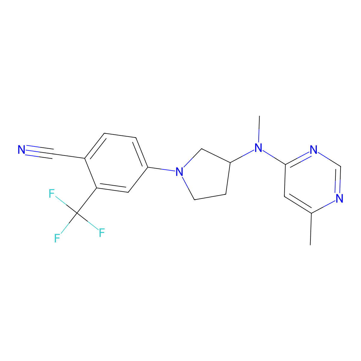 4-{3-[Methyl(6-methylpyrimidin-4-yl)amino]pyrrolidin-1-yl}-2-(trifluoromethyl)benzonitrile molecular structure, CAS 3054427-33-4